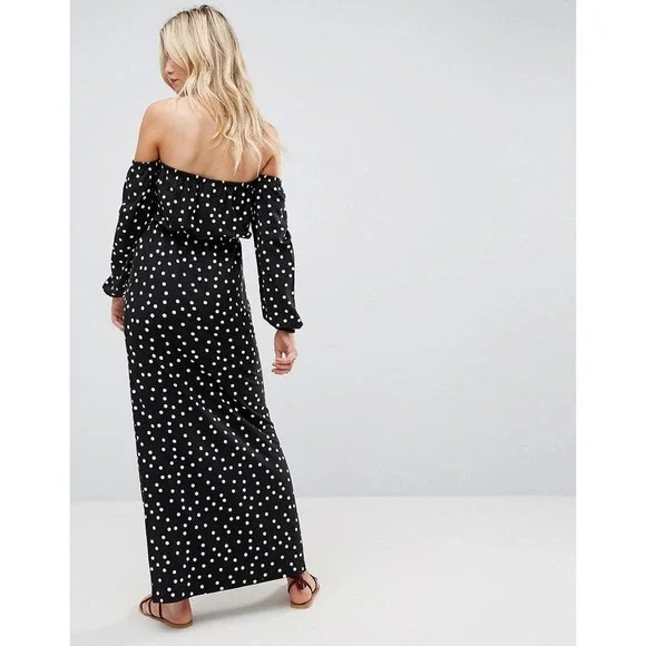 ASOS Bardot Polka Dot Off Shoulder Long Sleeve Maxi Dress Size 6 - Picture 4 of 10